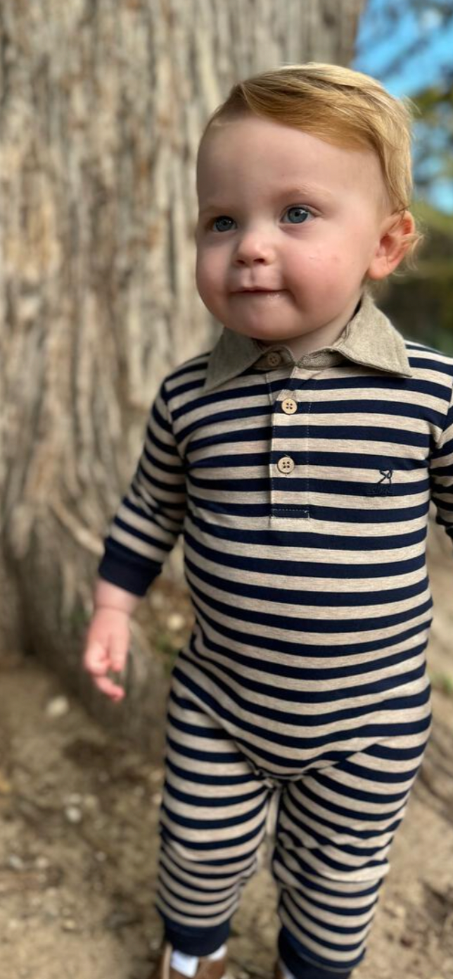 Me & Henry Kingston Polo Romper in Navy/Beige Stripe