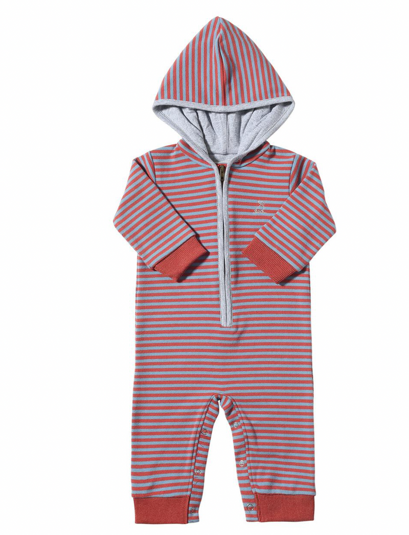 Me & Henry Blaine Hooded Romper in Blue/Rust Stripe