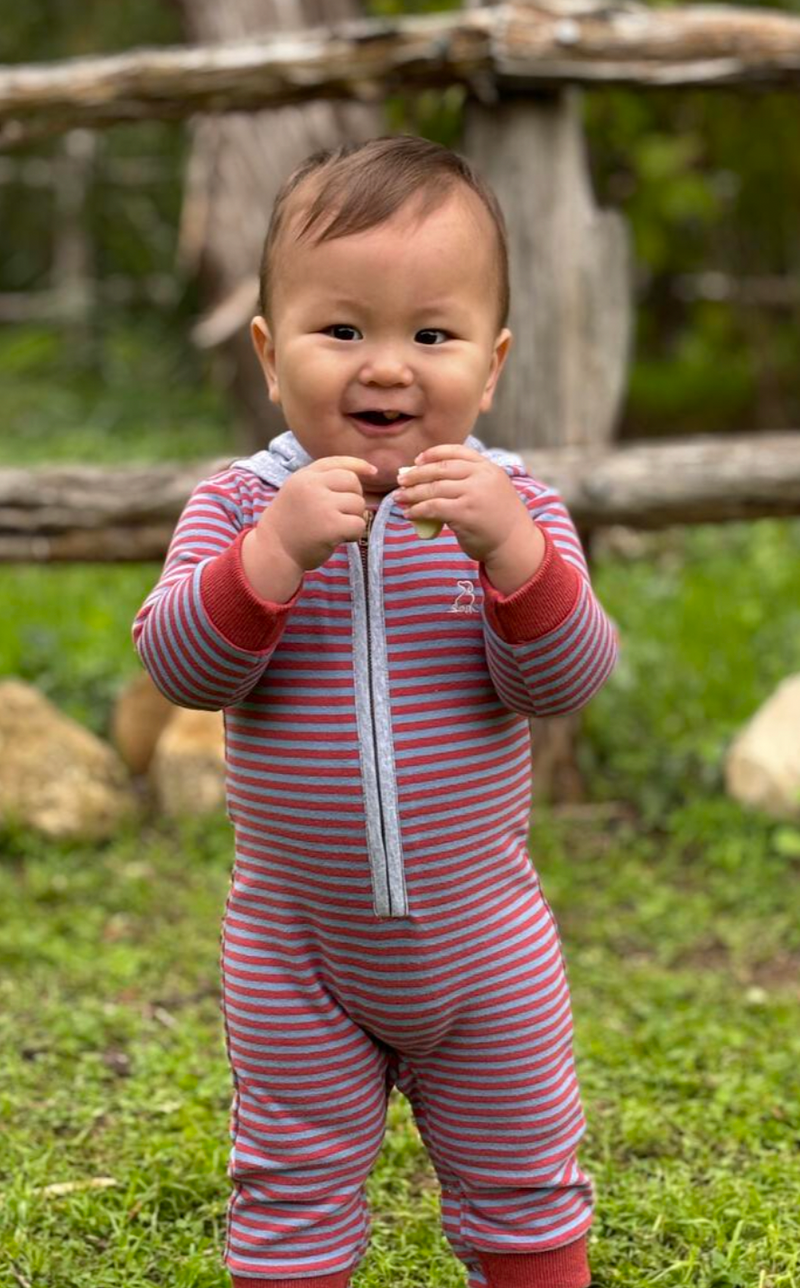 Me & Henry Blaine Hooded Romper in Blue/Rust Stripe