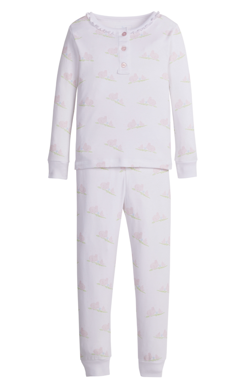 Little English Ruffle Pajamas in Pink Bunnies