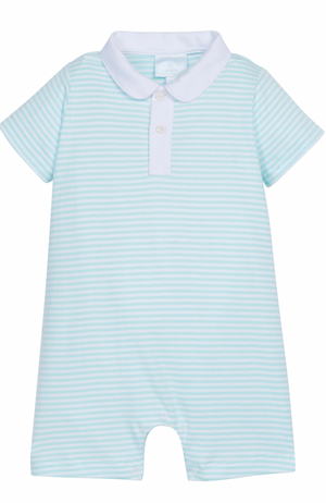 Little English Peter Pan Polo Romper in Aqua Stripe