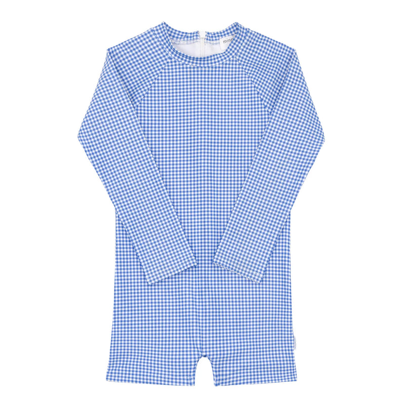 Minnow  Unisex One Piece Rashguard in Blue Micro Gingham