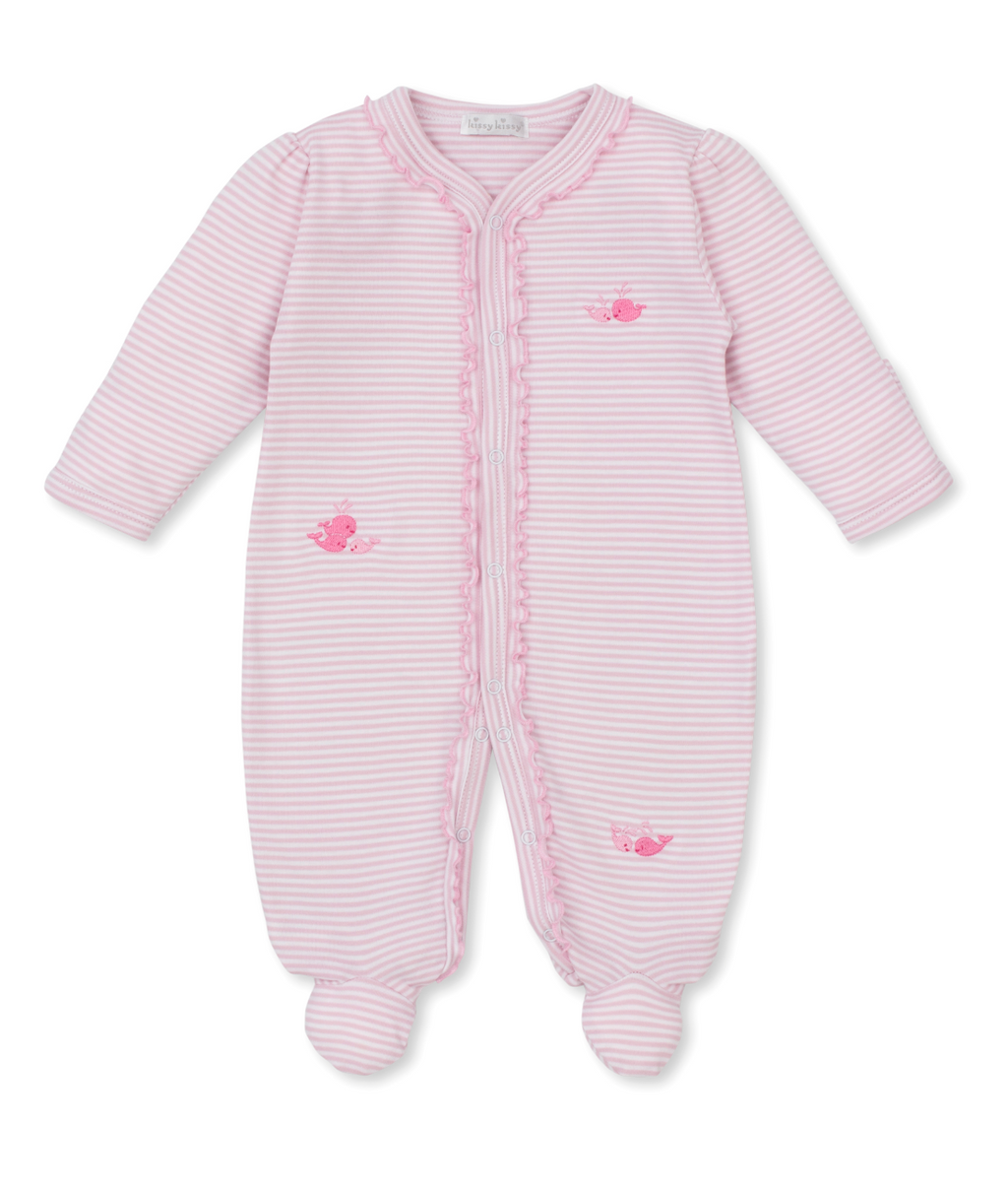 Kissy Kissy Ruffle Stripe Snap Footie in Pink Whale Wonder