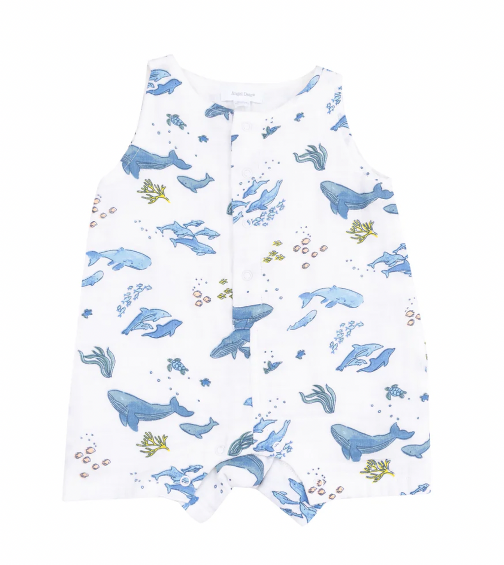 Angel Dear Sleeveless Shortie Romper in Watercolor Whales