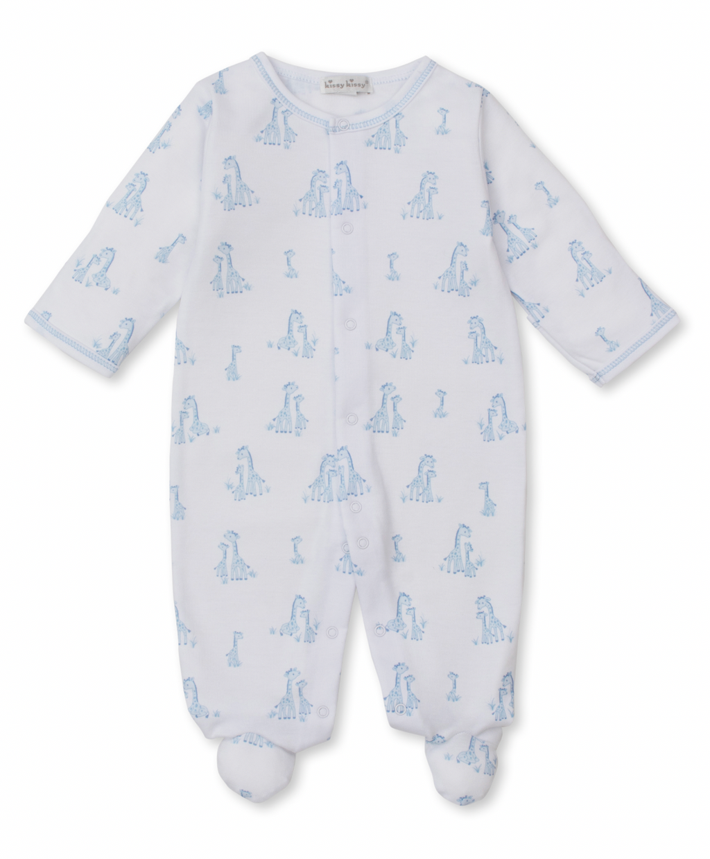 Kissy Kissy Snap Front Footie in Blue Giraffe Grace