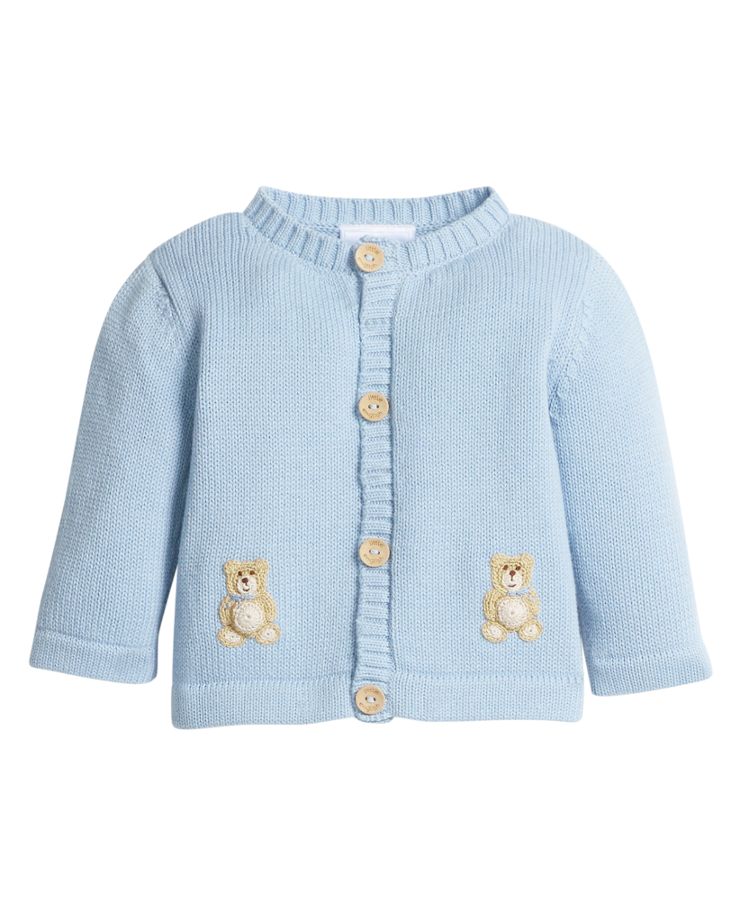Little English Crochet Cardigan Sweater in Blue Teddy Bear