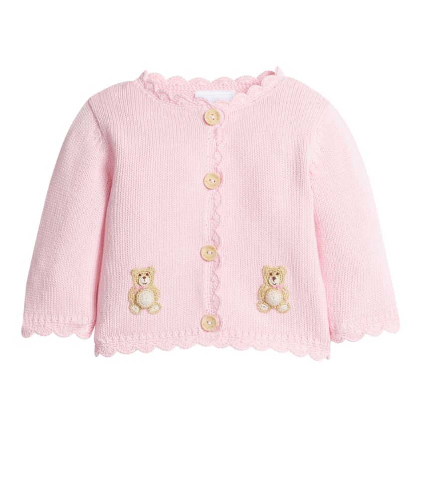 Little English Crochet Cardigan Sweater in Pink Teddy Bear