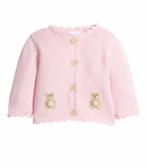 Little English Crochet Cardigan Sweater in Pink Teddy Bear