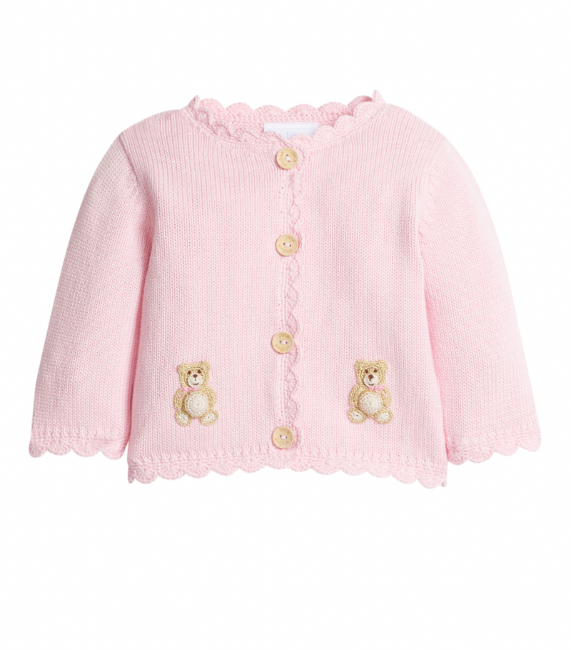 Little English Crochet Cardigan Sweater in Pink Teddy Bear