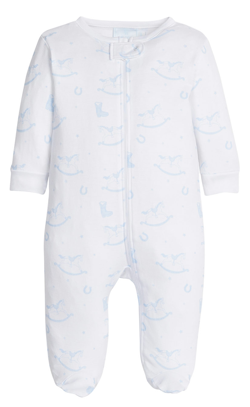 Little English Zip Footie in Blue Rocking Horse