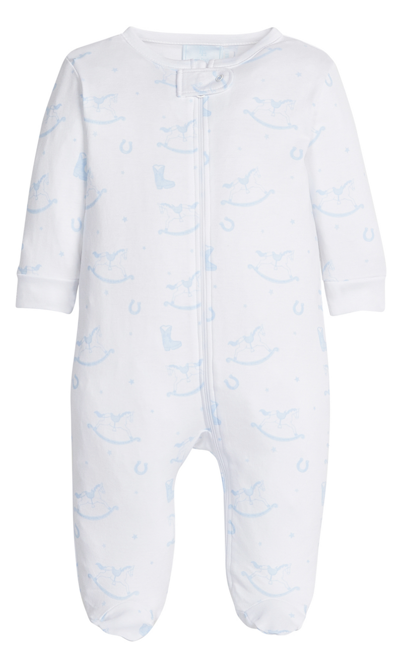 Little English Zip Footie in Blue Rocking Horse