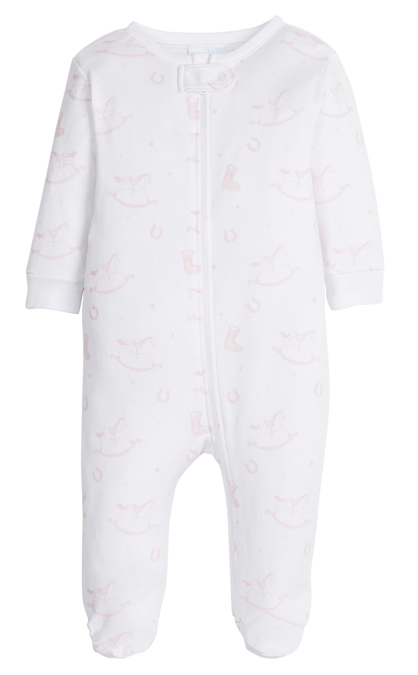 Little English Zip Footie in Pink Rocking Horse