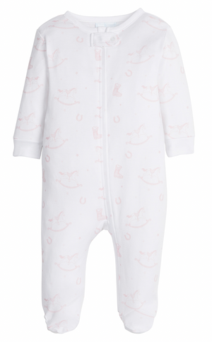 Little English Zip Footie in Pink Rocking Horse