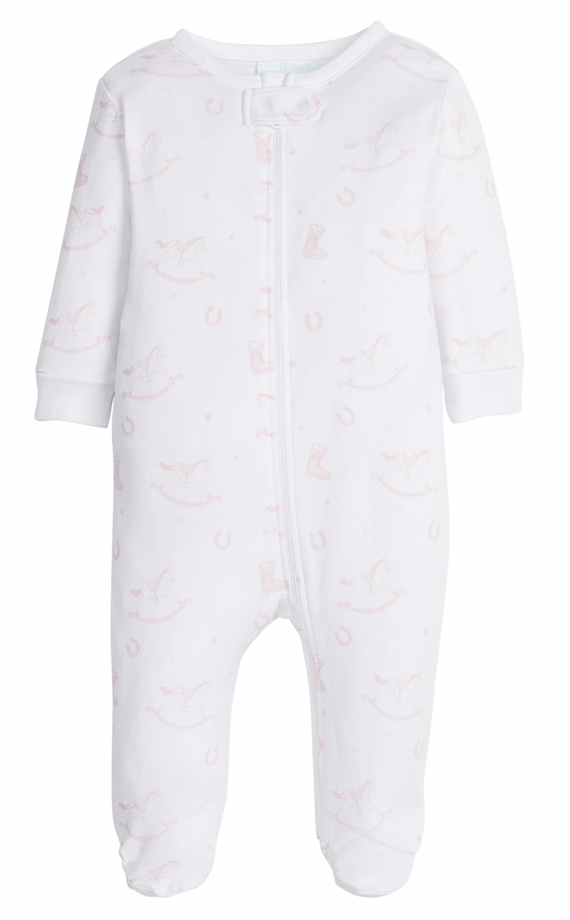 Little English Zip Footie in Pink Rocking Horse