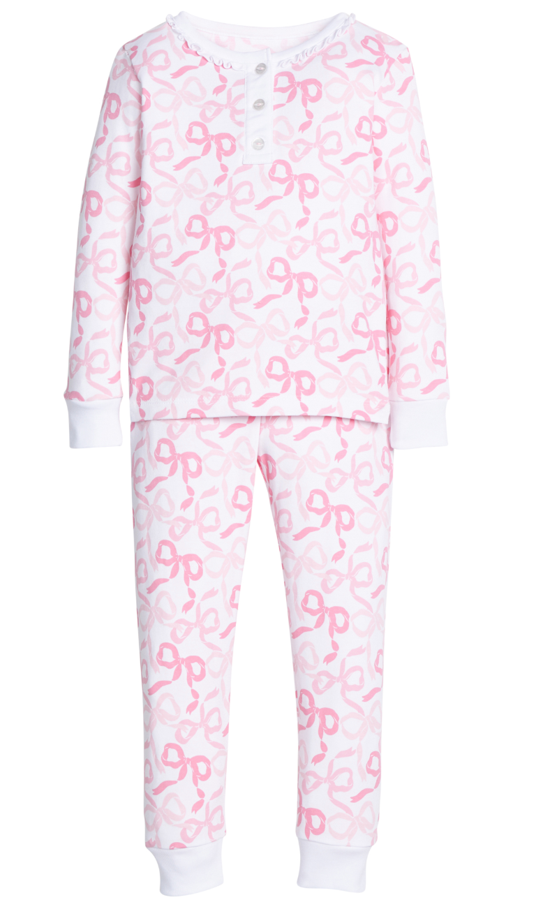 Little English Ruffled Pajamas in Pink Bows and Ribbons