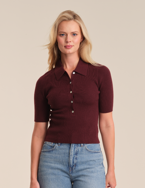 525 America Ginny Short Sleeve Polo Top in Oxblood