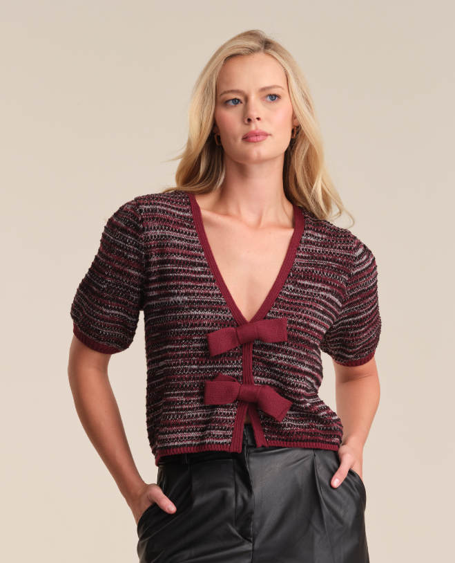 525 America Elaine Bow Cardigan in Oxblood Multi