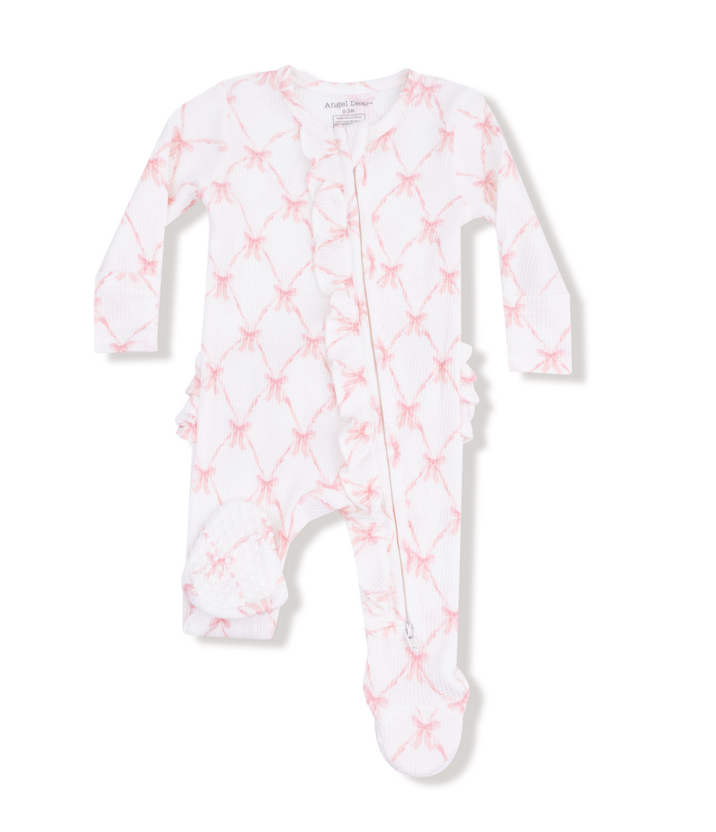 Angel Dear 2 Way Zipper Ruffle Back Footie in Ribbon Bow Trellis