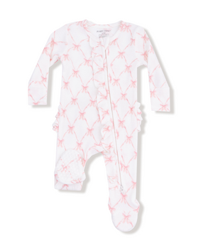 Angel Dear 2 Way Zipper Ruffle Back Footie in Ribbon Bow Trellis