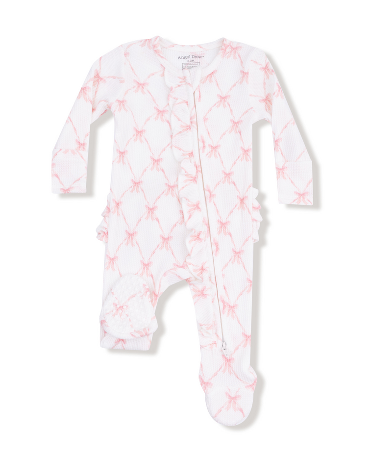 Angel Dear 2 Way Zipper Ruffle Back Footie in Ribbon Bow Trellis