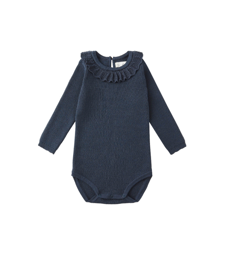 Rylee + Cru Ruffle Collar Bodysuit in Navy