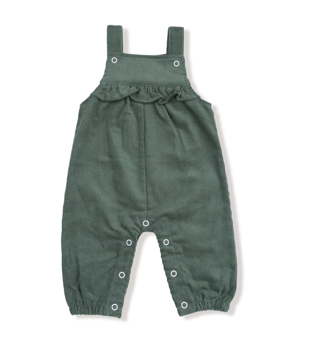 Angel Dear Front Ruffle Overall in Dark Ivy