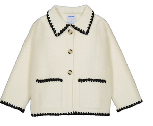 Mayoral Contrast Stitch Collared Knit Jacket in Cream/Black