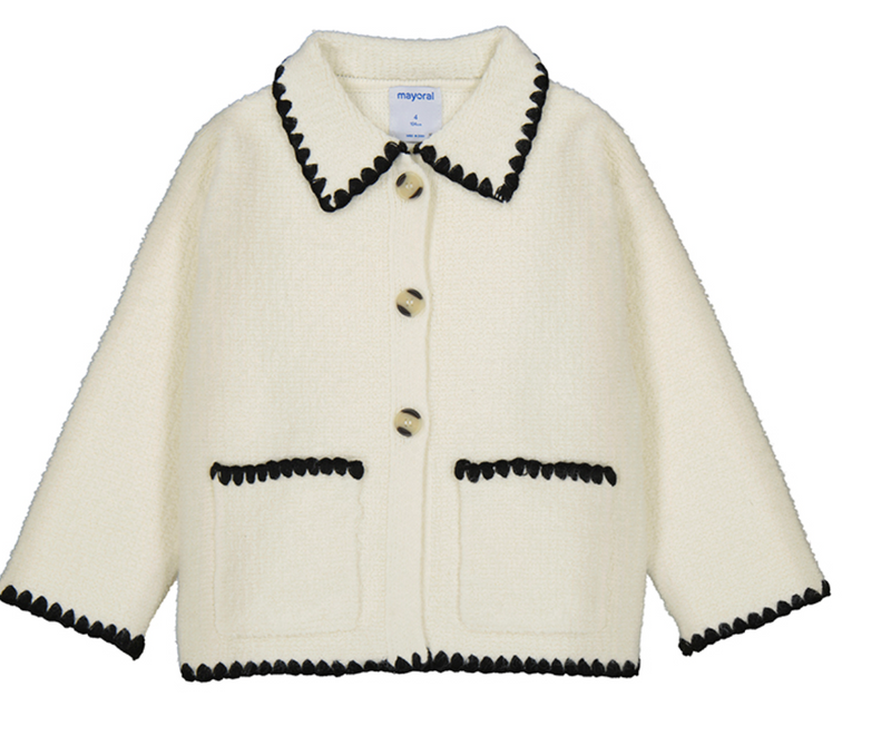 Mayoral Contrast Stitch Collared Knit Jacket in Cream/Black