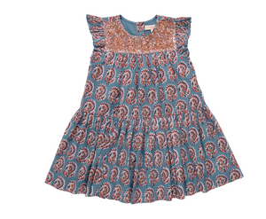 Pink Chicken Fiona Ruffle Dress in Blue Paisley
