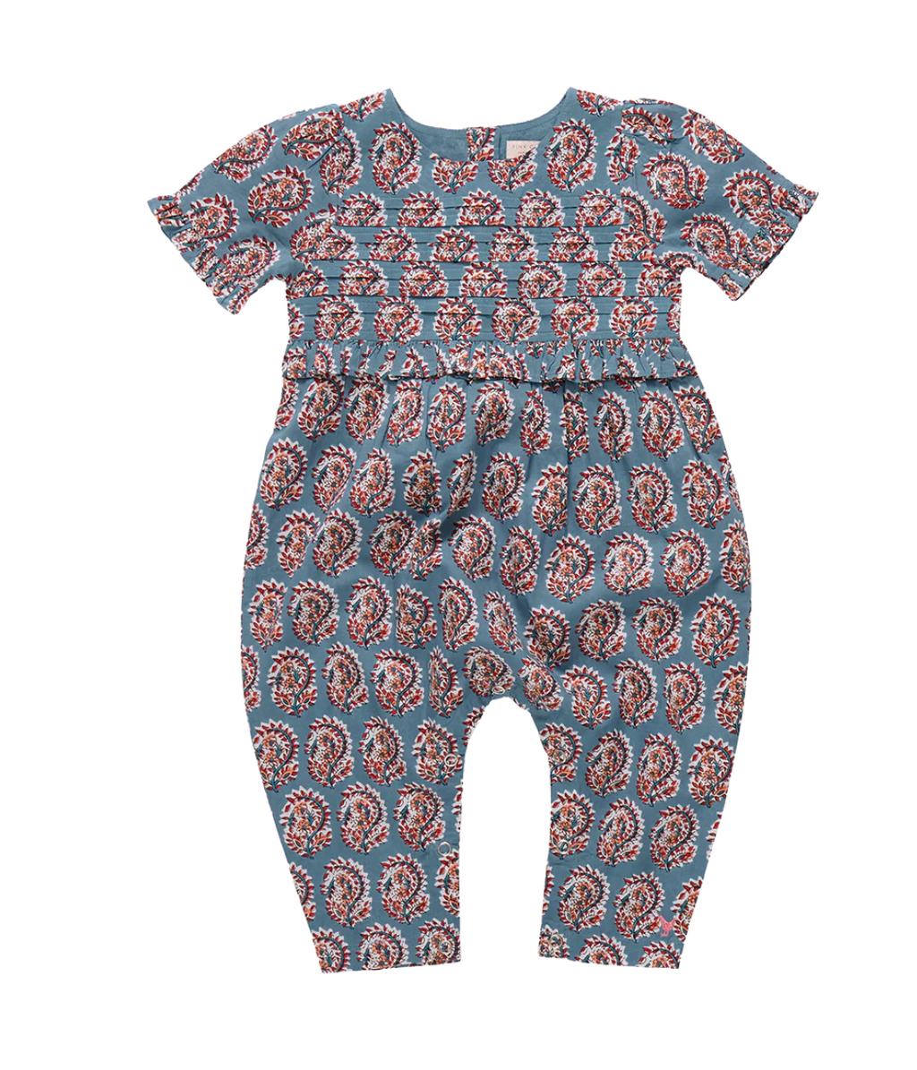 Pink Chicken Baby Raquel Romper in Blue Paisley
