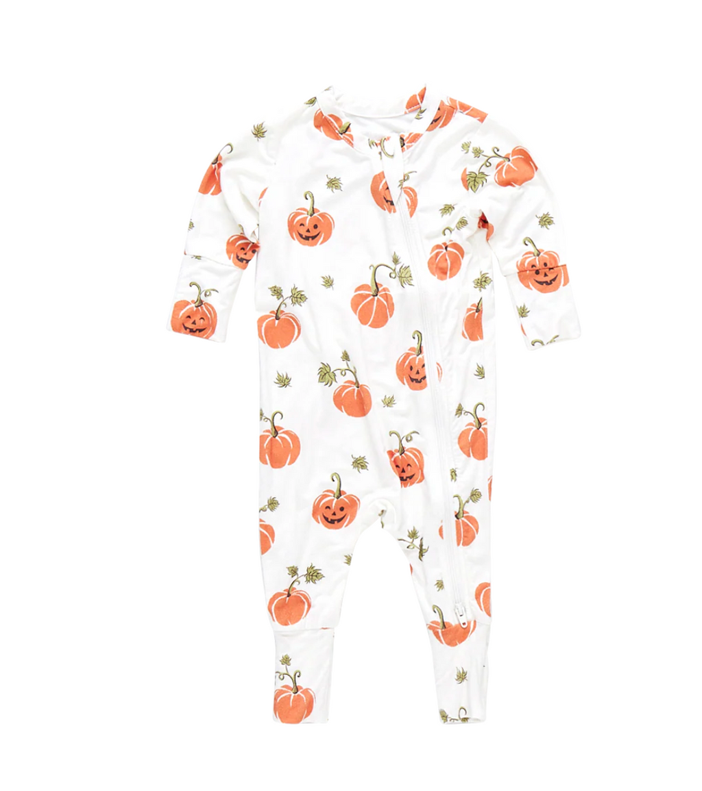 Pink Chicken Bamboo Romper in Halloween Jack-O-Lantern