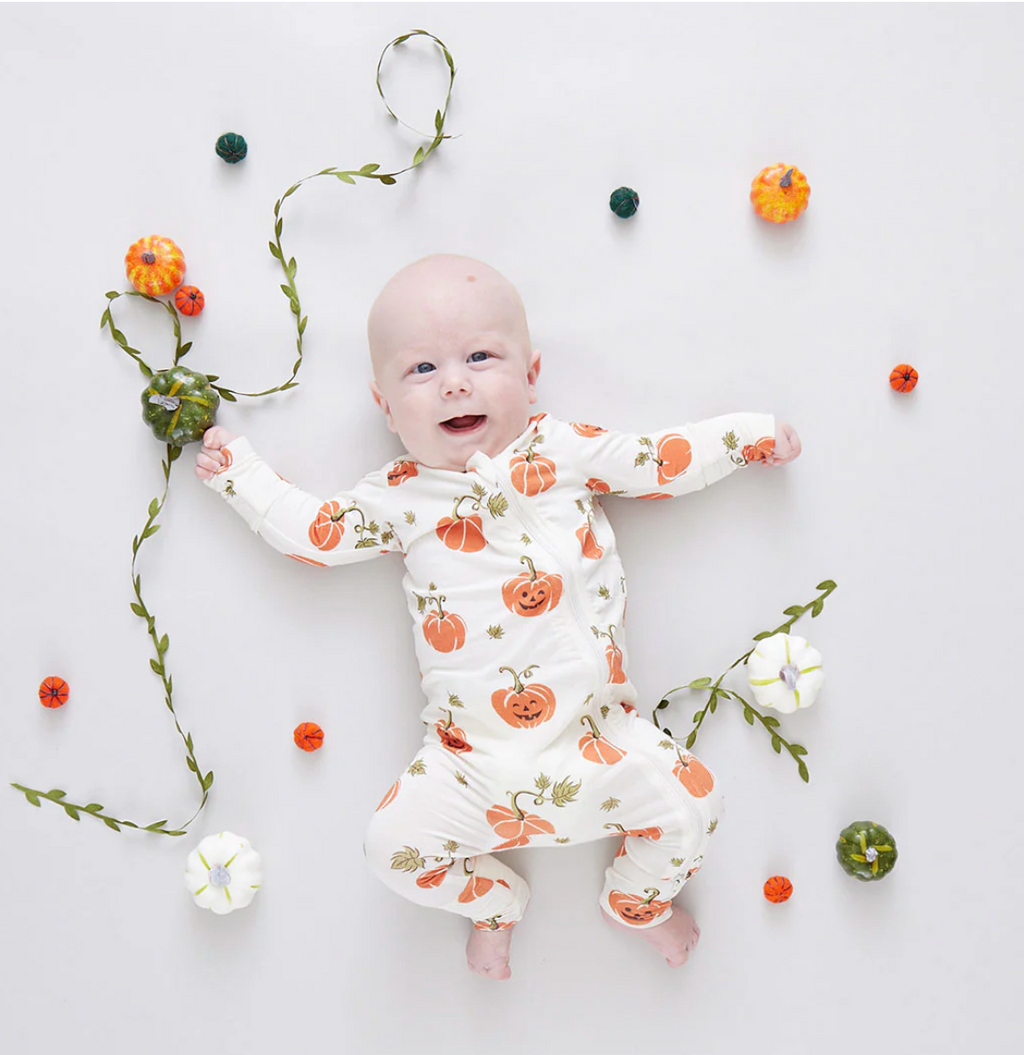 Pink Chicken Bamboo Romper in Halloween Jack-O-Lantern