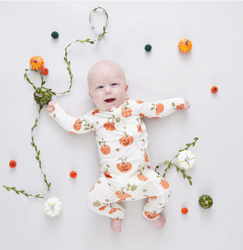Pink Chicken Bamboo Romper in Halloween Jack-O-Lantern