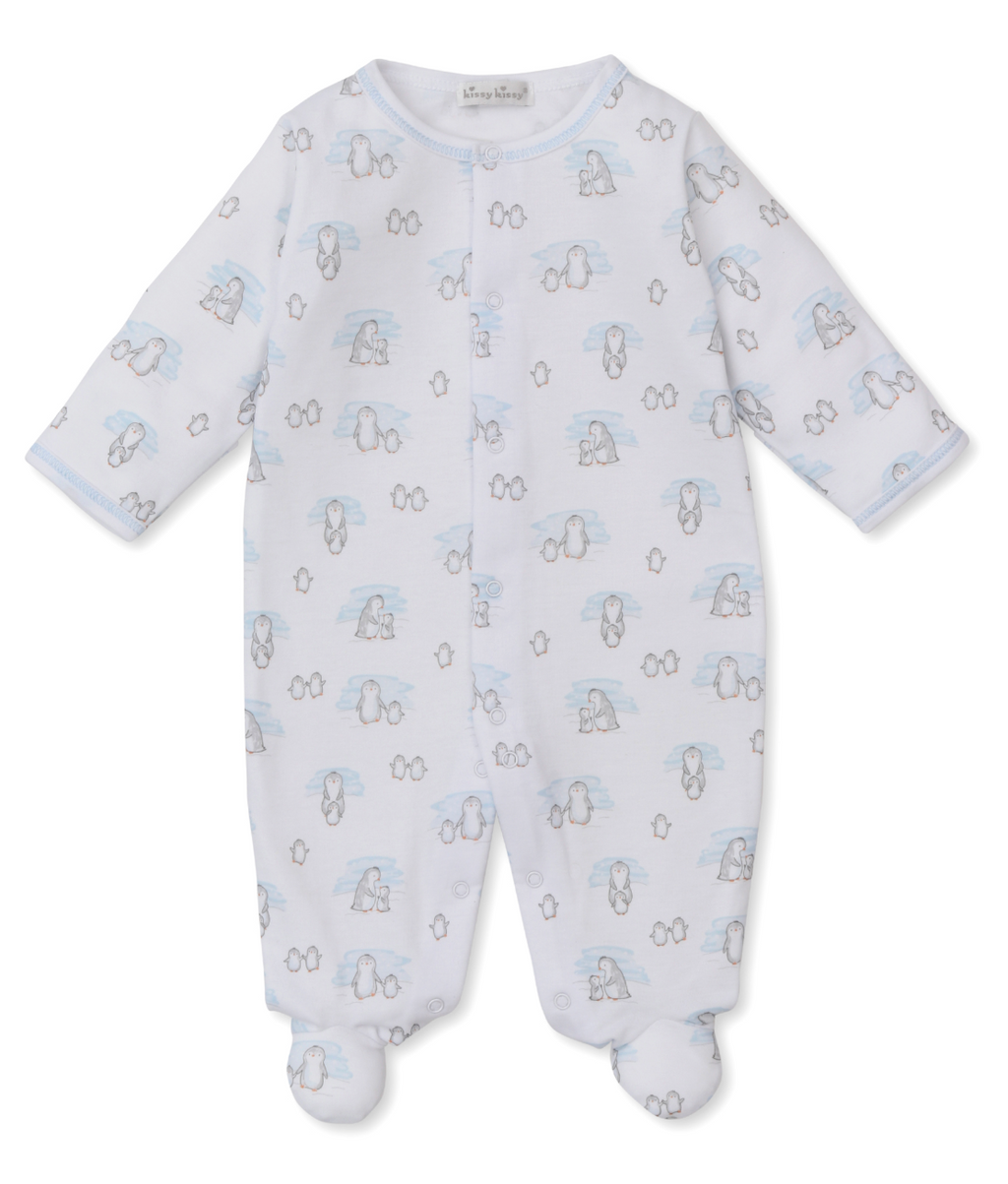 Kissy Kissy Snap Footie in Blue Snow Happy Penguins