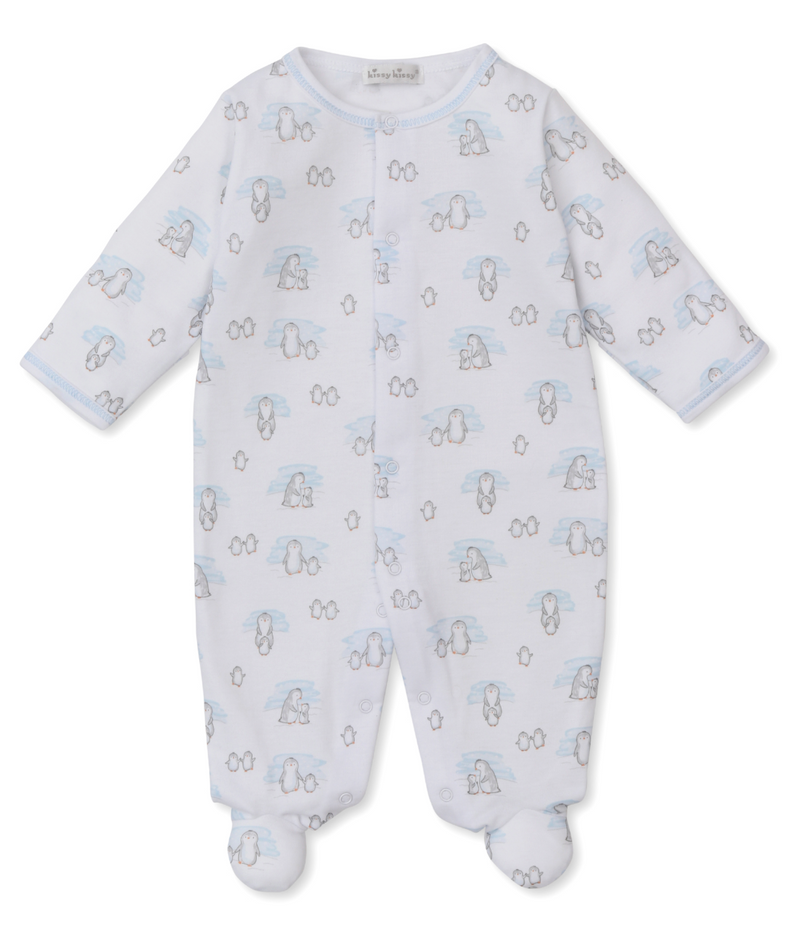 Kissy Kissy Snap Footie in Blue Snow Happy Penguins