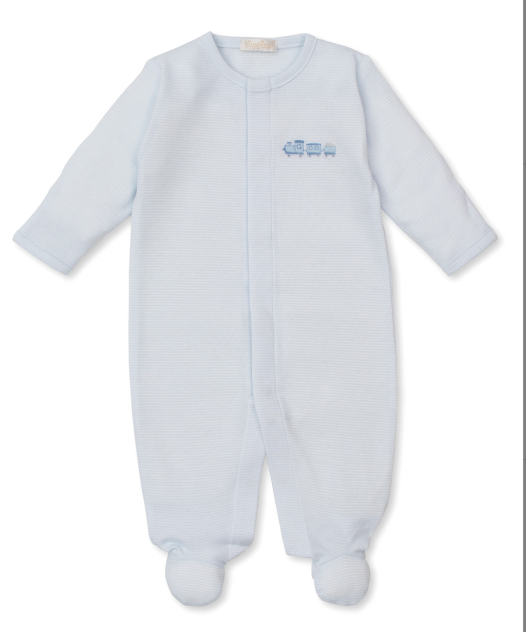 Kissy Kissy Snap Footie with Hand Stitched Embroidery in Railroad