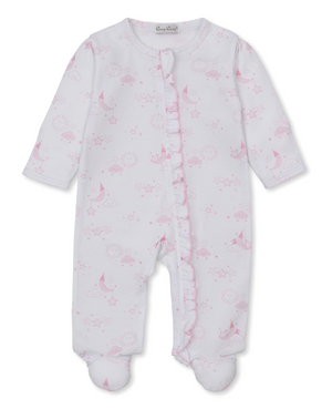 Kissy Kissy Print Zip Ruffle Footie in Pink Nightfall