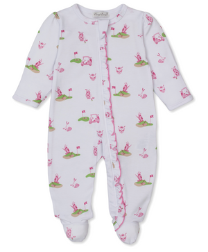 Kissy Kissy Print Zip Ruffle Footie in Pink Golf Championship