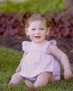 Mabel and Honey Sugar Plum Romper in Lavender Gingham