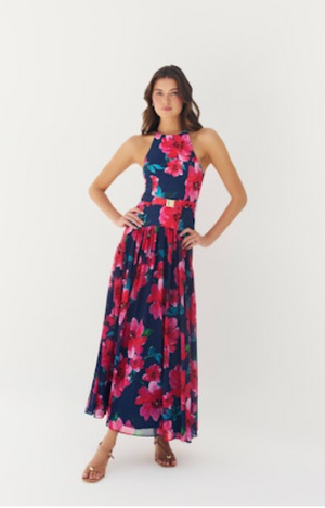 Hutch Abbey Dress in Navy/Raspberry Watercolor Bloomed Floral
