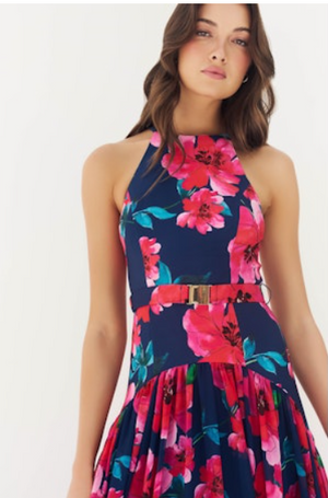 Hutch Abbey Dress in Navy/Raspberry Watercolor Bloomed Floral