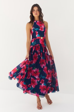 Hutch Abbey Dress in Navy/Raspberry Watercolor Bloomed Floral