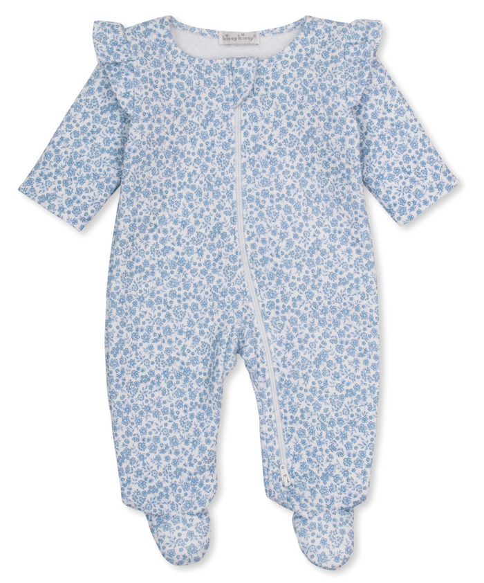 Kissy Kissy Jacquard Ruffle Shoulder Zip Footie in Blue Fall Blooms