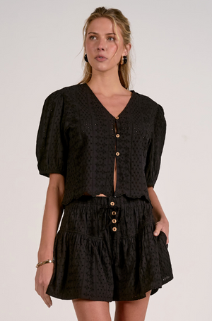 Elan Eyelet Button Blouse in Black