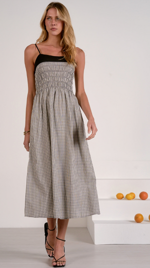Elan Ruched Summer Dress in Black/White Gingham