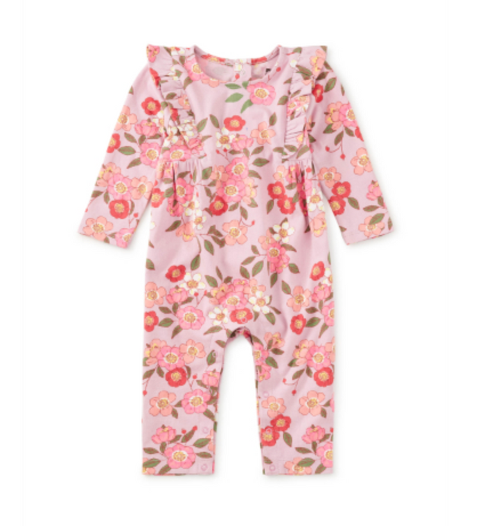 Tea Collection Ruffle Shoulder Romper in Rosa Canina