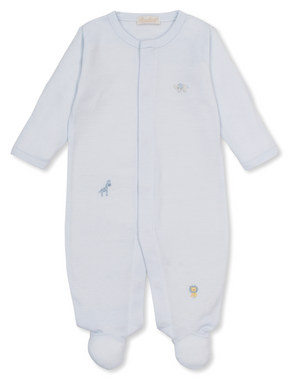 Kissy Kissy Snap Footie with Hand Stitched Embroidery in Light Blue Jungle Hang Out