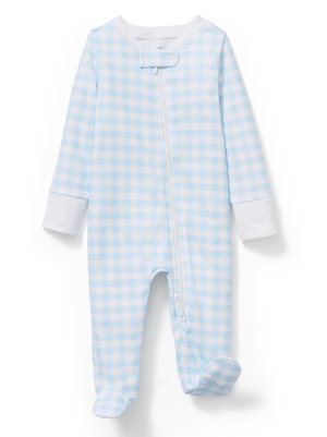 Petite Plume Pima Cotton Baby Footie in Light Blue Gingham