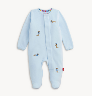 Magnetic Me Velour Footie in Blue Embroidery Dogs
