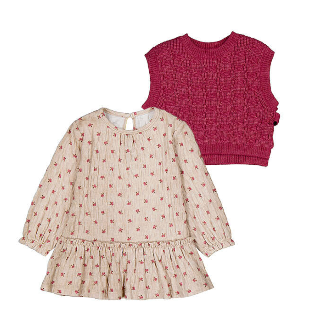 Mayoral Floral Dress with Knit Vest in Petal